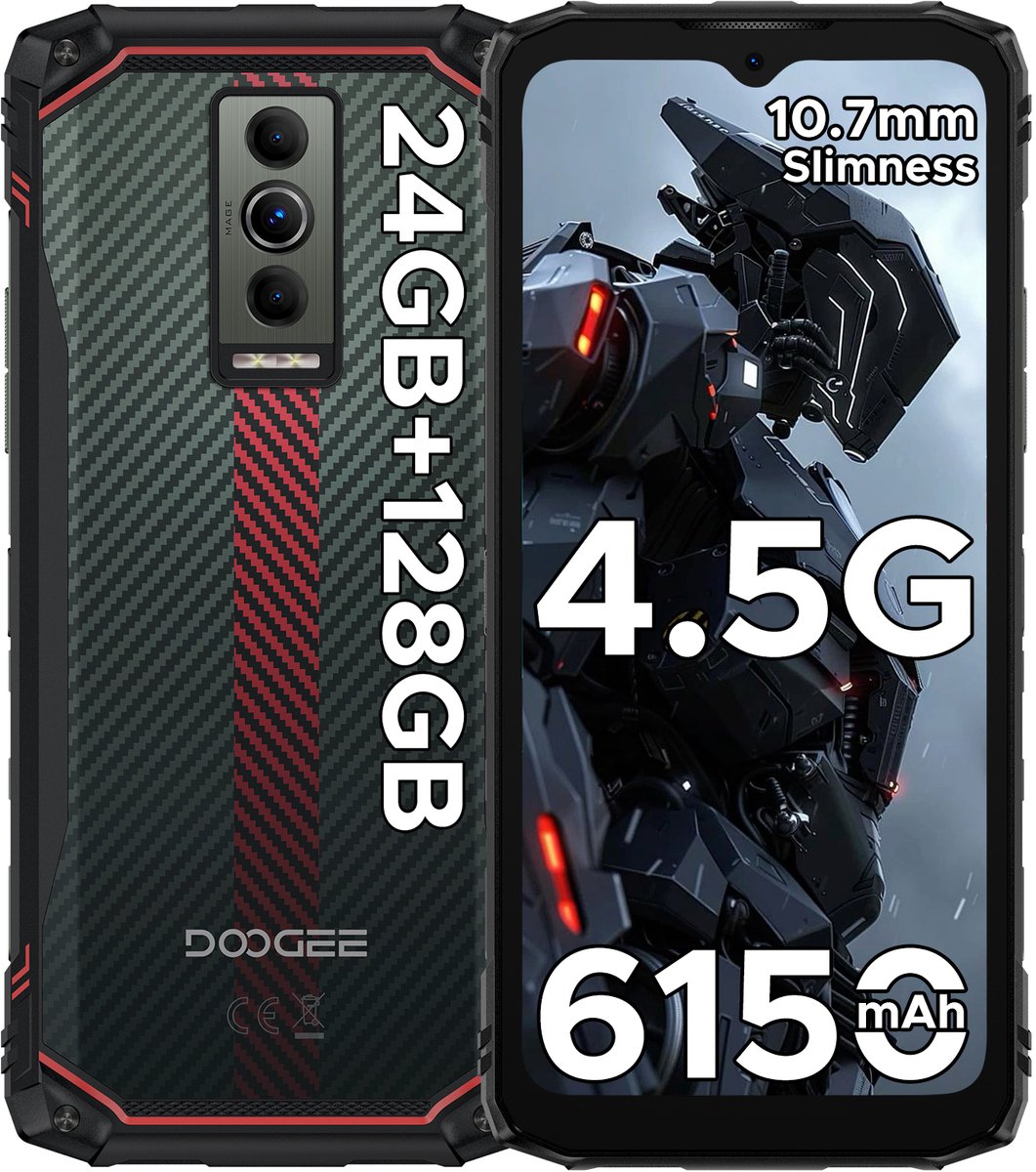 DOOGEE Blade10 Energy-Onbreekbare Mobiele Telefoon-Smartphone-Android 15 -24GB RAM+ 128GB ROM/(2TB TF)- 6.56" + 90Hz-6150mAh-Bouwplaats Telefoon 16MP + 8MP-Rood