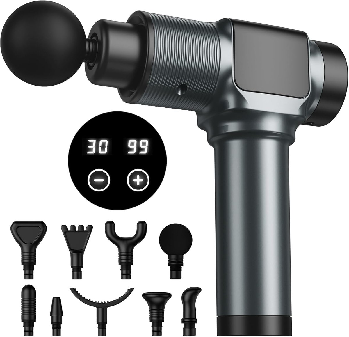 Massagepistool, massagepistool voor diepe weefselmassage voor pijnverlichting, percussieve spiermassagepistool voor atleten, draagbare elektrische rugmassager met 30 snelheidsniveaus en 9 massagekoppen (grijs)