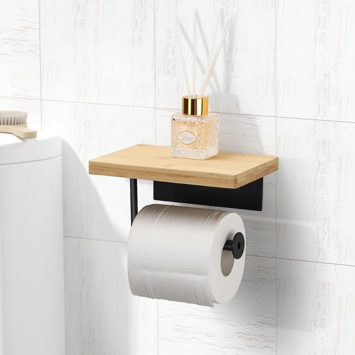 QPFO® Toiletpapierhouder zonder boren - Zwarte wc-rolhouder met bamboe plank - RVS wc-papierhouder lijmen of schroeven