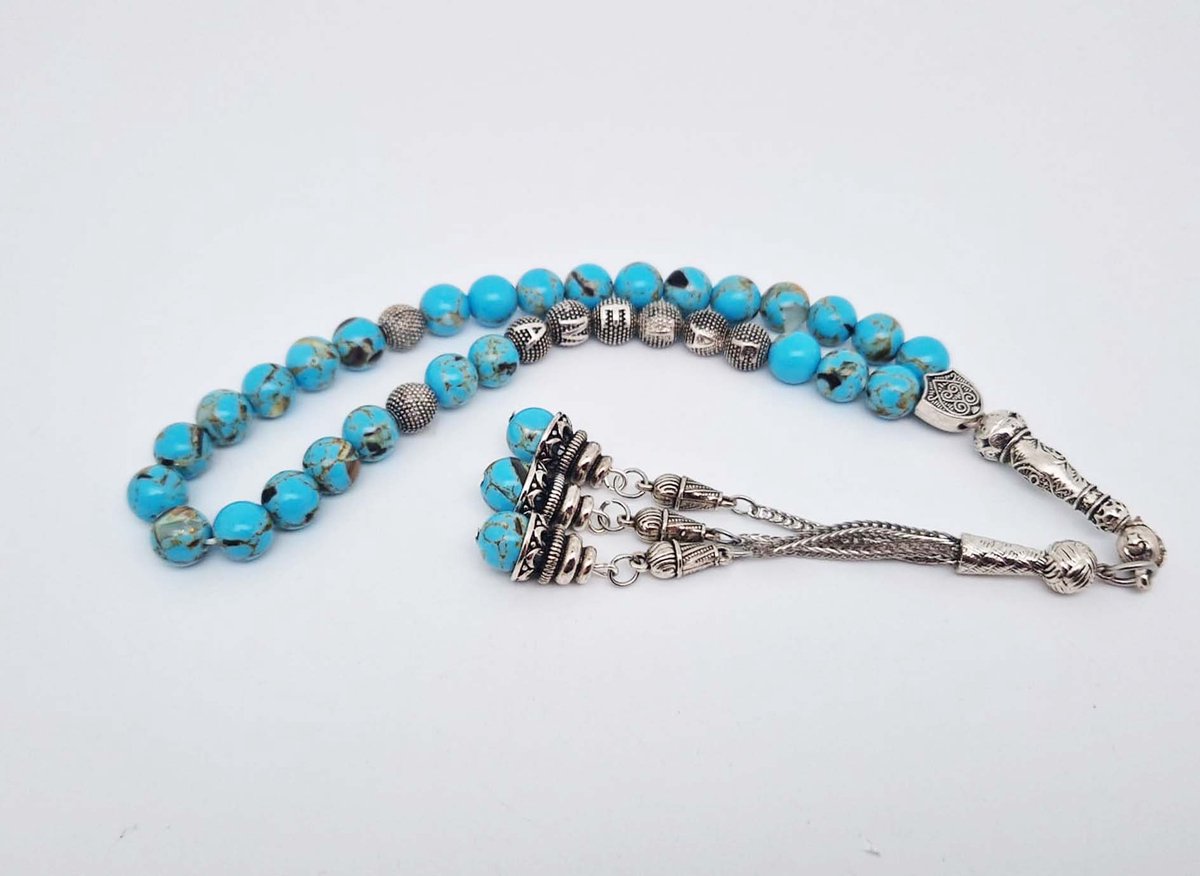 Handgemaakte naam tasbih 33 Kralen Natuursteen “Turkoois Bakeliet” - met metaal tassel- Met je naam of de naam van uw geliefde- 8 mm diameter van de korrel