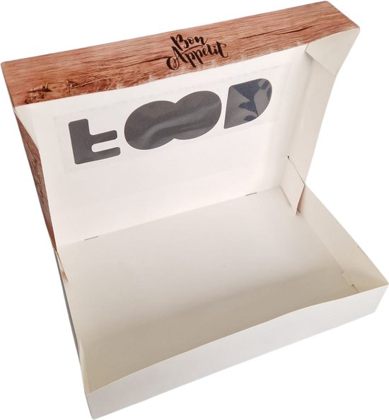 Open cateringdoos met houten print. De binnenzijde is wit en deksel heeft een venster dat 'FOOD' vormt, met de tekst 'Bon Appetit'.