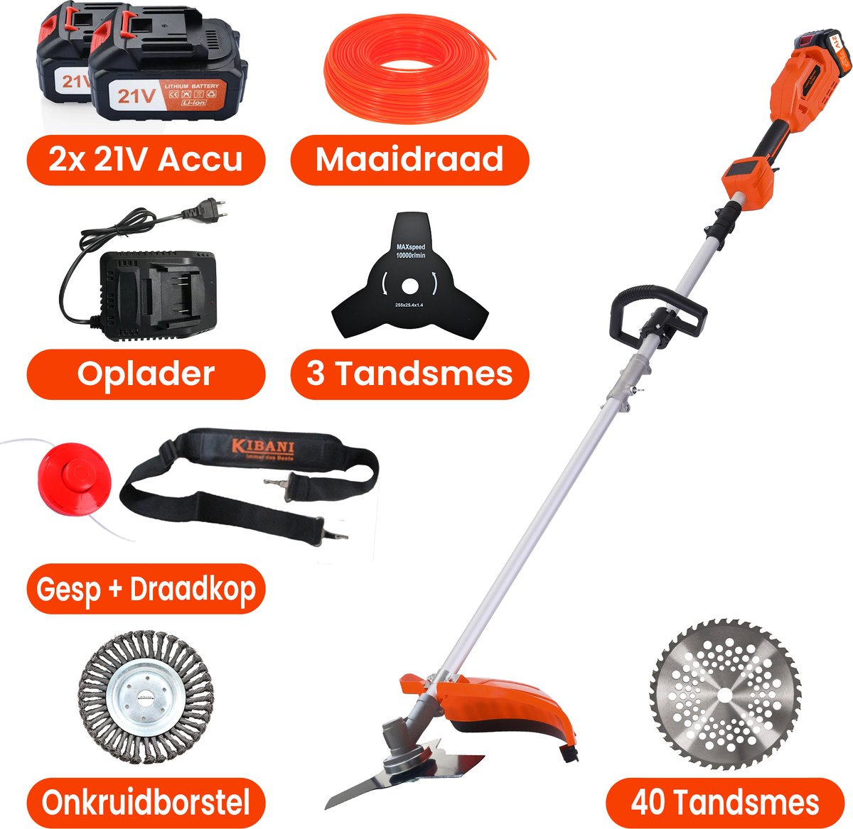Kibani Accu Bosmaaier - Incl. 2x 21V Accu en Oplader - Elektrische Bosmaaier - met 15CM Onkruidborstel - met Maaidraad, Zaagblad en Draadkop - Grastrimmer - Kantenmaaier