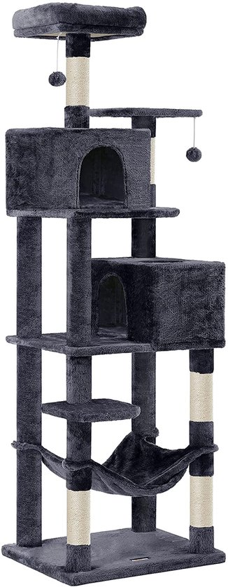 Donkergrijze krabpaal met huisjes, plateaus, hangmat en speelballetjes op witte achtergrond.