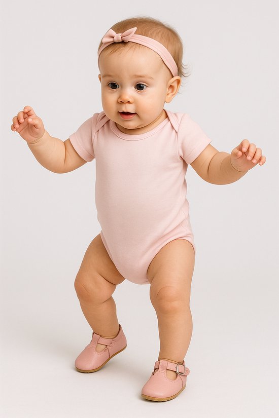 Een baby draagt roze schoentjes met gesp en geschulpte randen.