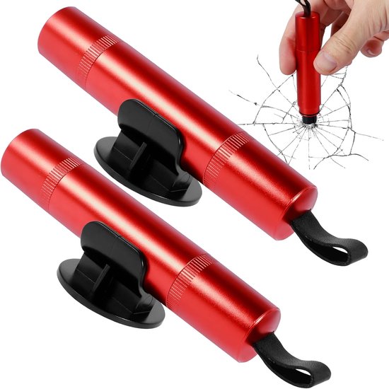 Veiligheidshamer - 2 stuks - Noodhamer - Auto Hamer - 2 in 1 Safety Hammer & Gordelsnijder - Inclusief Testglas & Zelfklevende Houder - Houder - Veiligheid - Rood