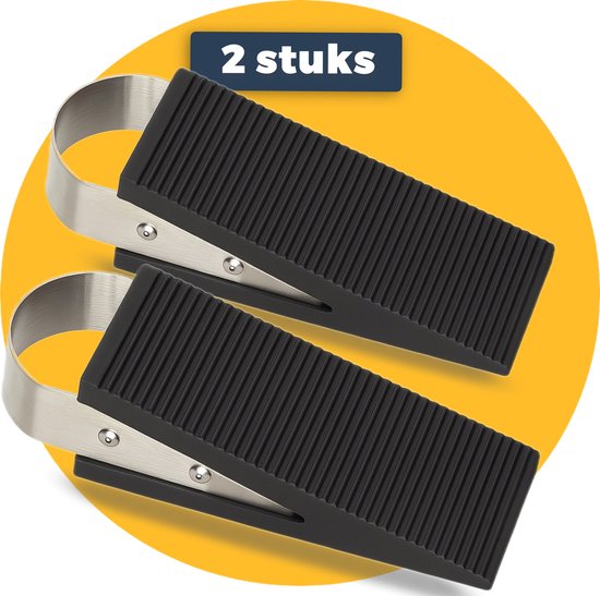 Twee zwarte rubberen deurstoppers met metalen handvat, op een gele cirkel.
