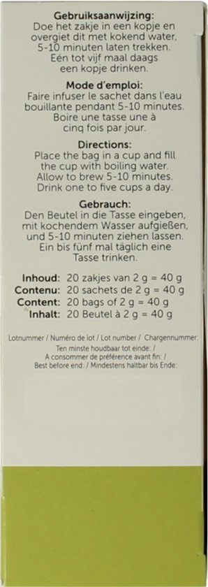 Achterkant doos Jacob Hooy met bereidingswijze. Venkel, kruidendrank.