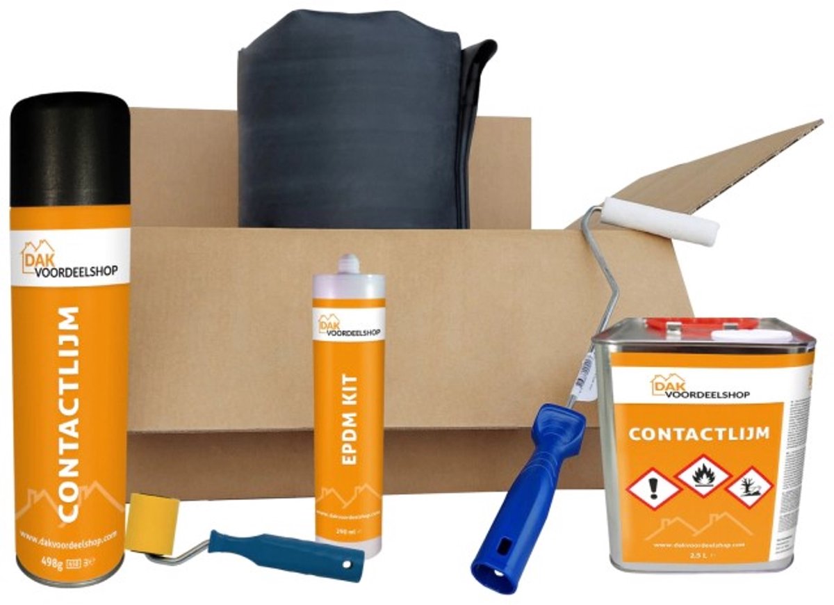 Dakvoordeelshop EPDM Dakpakket compleet 1,14mm dik - 2,44 meter breed - 2 meter lang - incl. EPDM kit, contactlijm, verfrol 10 cm, verfrolbeugel en aandrukroller