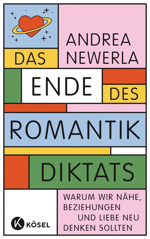 Boekomslag met tekst "ANDREA NEWERLA DAS ENDE DES ROMANTIK DIKTATS" op een kleurrijk blokjespatroon.
