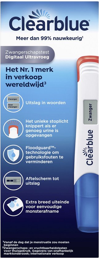 Verpakking met digitale zwangerschapstest. Test is wit met blauwe en rode details. "Meer dan 99% nauwkeurig."