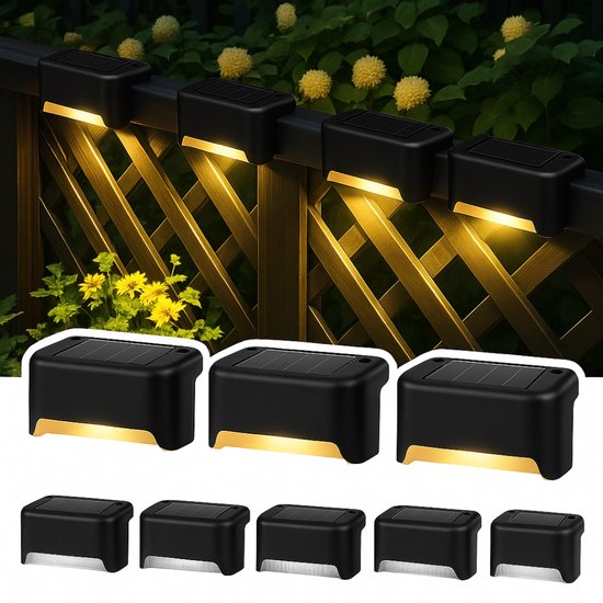 Zelfklevende Zonnelampen - Buitenverlichting Solar - Zelfklevend - Zonne - Zonne Energie Buitenverlichting - Solar Tuinverlichting - Hanglamp Buiten - Muurverlichting - Padverlichting - Ambiance Verlichting Buiten Trap - 4 STUKS - Warm Licht - Zwart