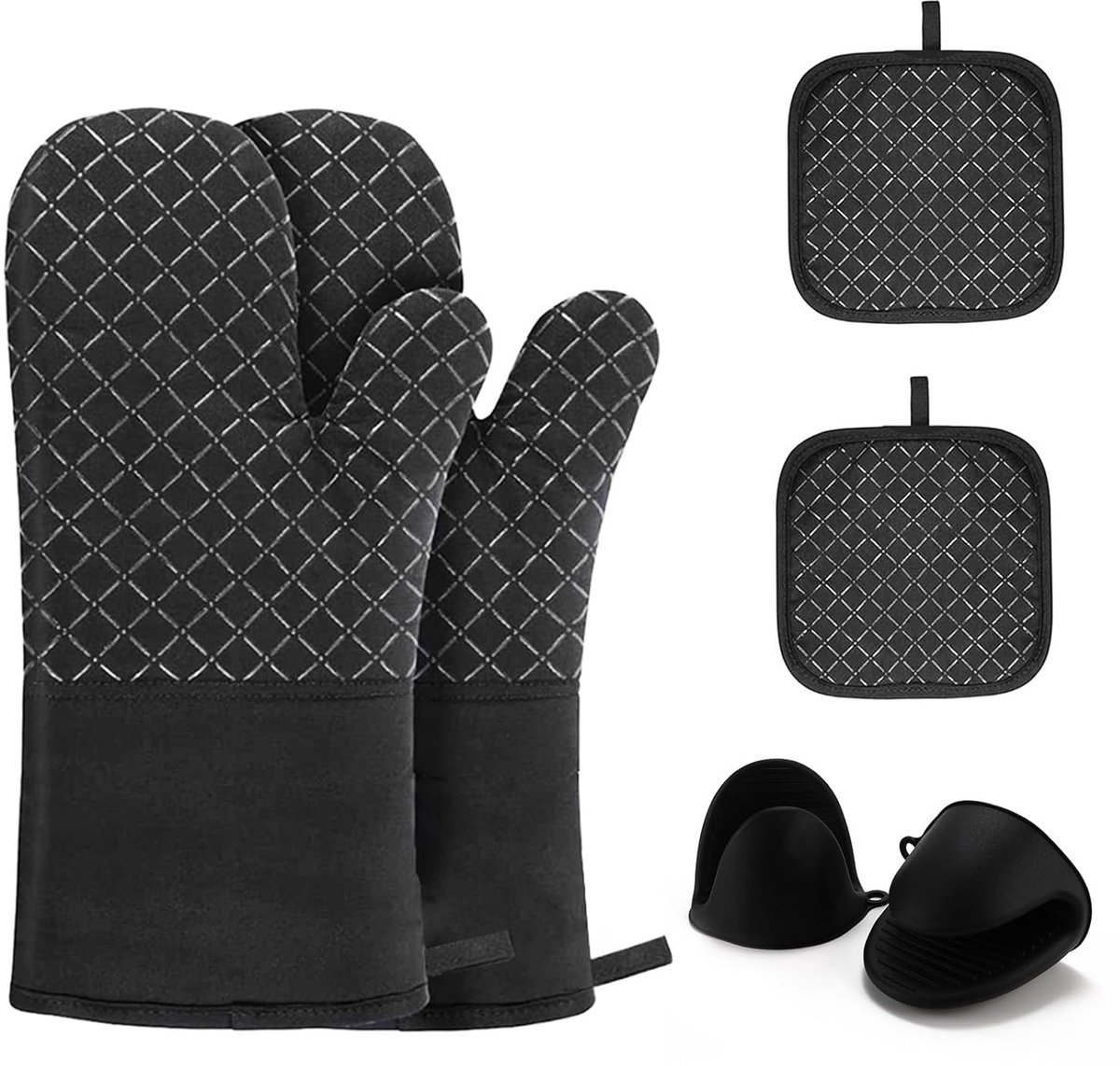 Hittebestendige ovenhandschoenen set - antislip, veelzijdig - set van 6 - zwart - 100% katoen