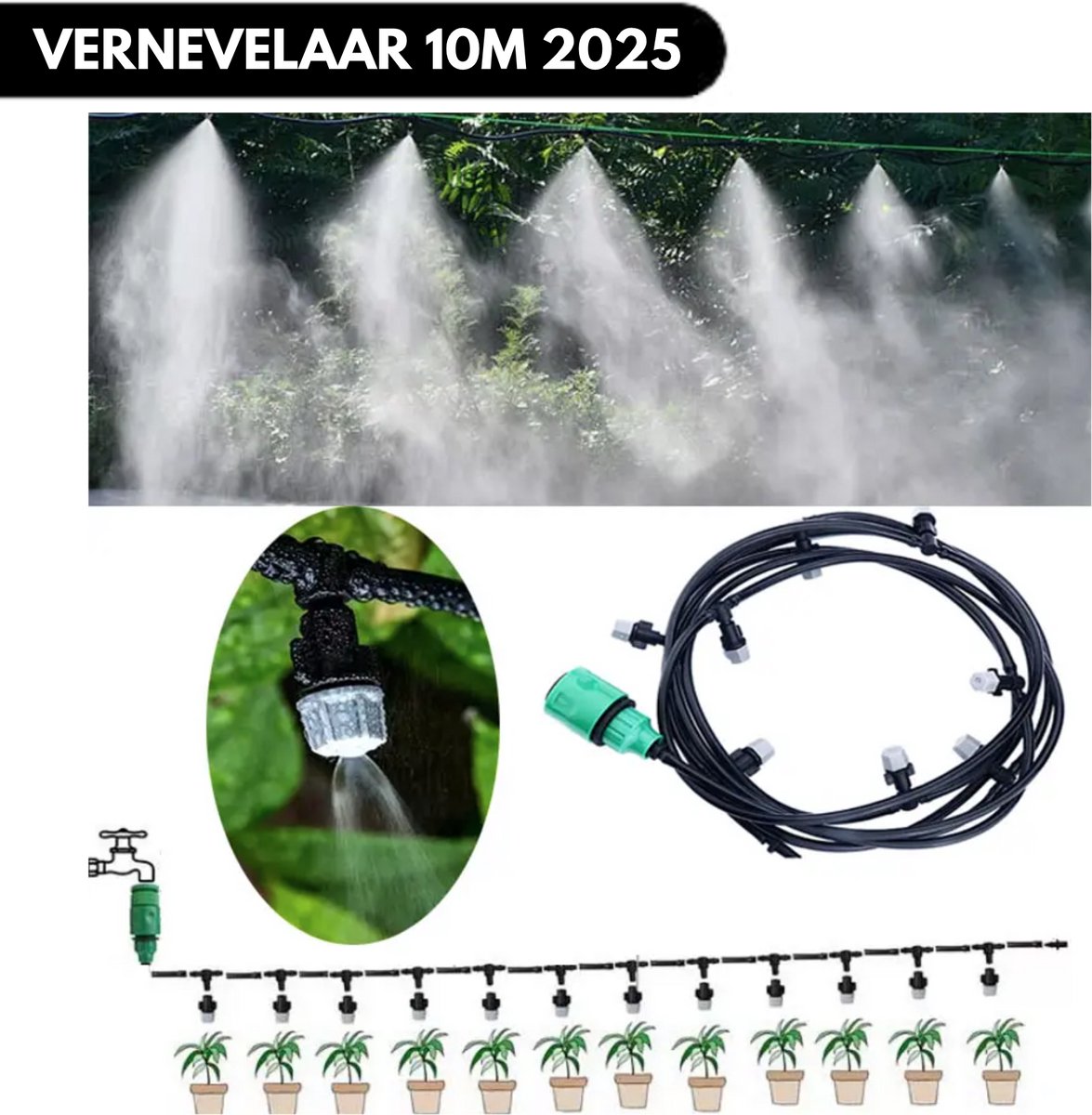 ISARA Vernevelaar Tuin 10 Meter – Nevelsproeier – Verneveling Slang – Waterverneveling – Tuin Irrigatie – Terras Koeling – Water Vernevelingssysteem – Nevelslang – NIEUW 2025