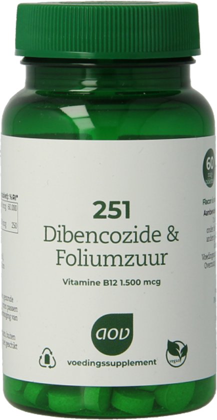 Groene pot met een wit etiket met de tekst '251 Dibencozide & Foliumzuur Vitamine B12 1.500 mcg'.