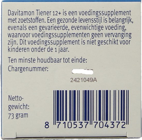 Onderkant van de verpakking Davitamon Tiener 12+ met netto gewicht en barcode.