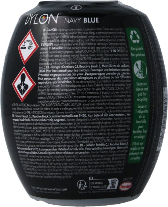 Côté d'un pod de teinture textile Dylon Bleu Marine avec avertissements et informations de recyclage.