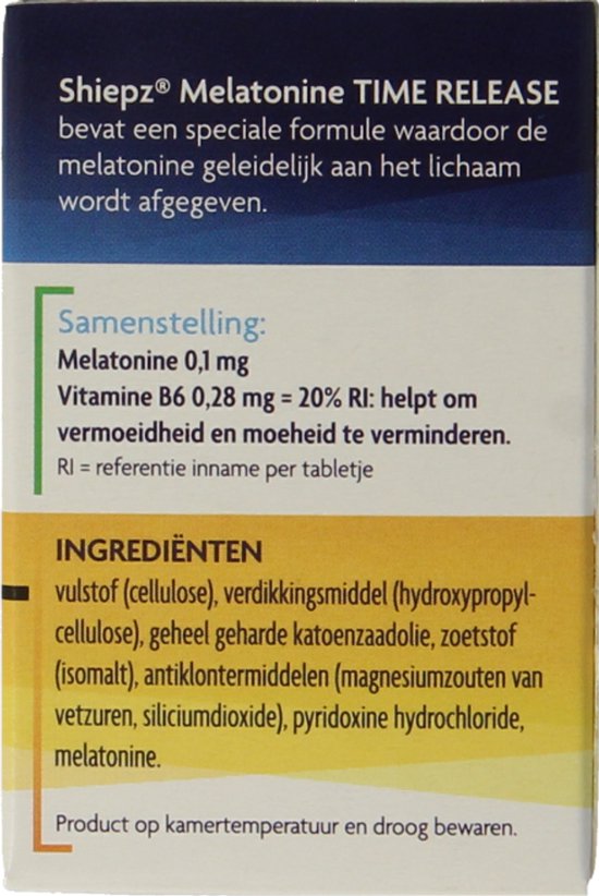 Zij-aanzicht van Shiepz Melatonine doos met samenstelling en ingrediënten.