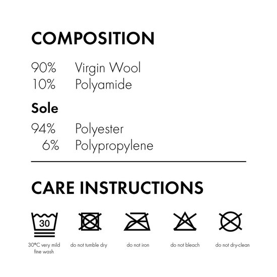 Samenstelling en wasinstructies: 90% scheerwol, 10% polyamide. Wasbaar op 30°C.