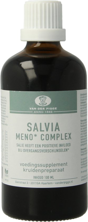Bruine glazen fles met witte dop. Groen etiket met Van der Pigge Salvia Meno Complex, kruidenpreparaat, 100 ml.