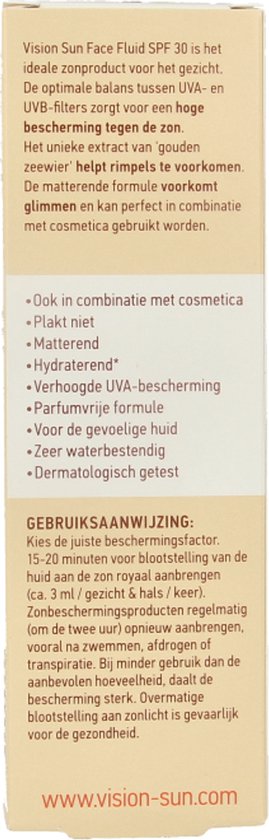 Doos met Vision Sun Face Fluid SPF 30 crème, met tekst in het Nederlands.
