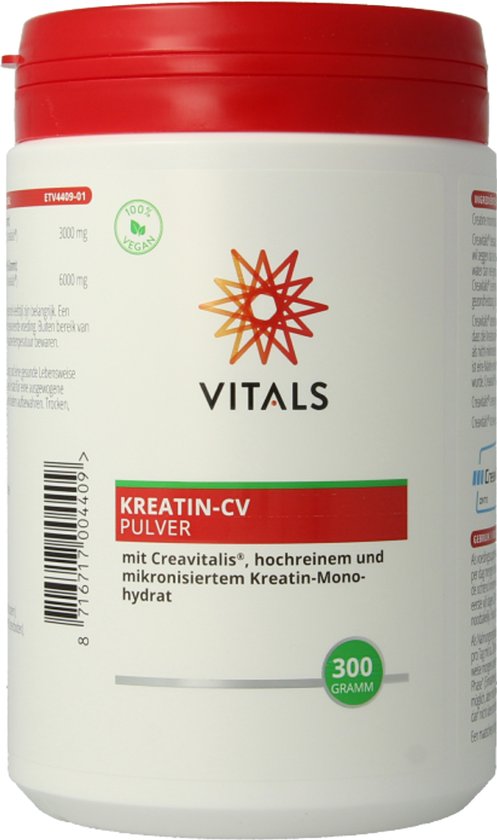 Vitals Kreatin-CV Pulver pot met rode dop, 300 gram, met 100% Vegan logo.