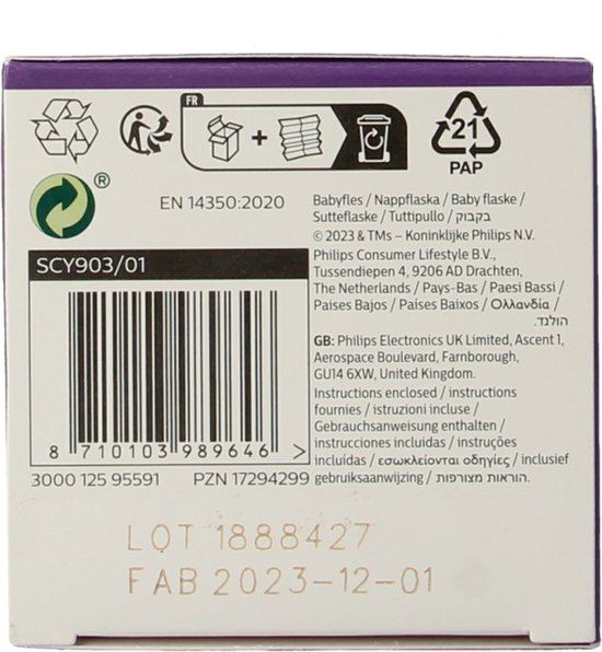 Zijkant van een Philips Avent babyfles verpakking met productinformatie en recycling symbolen.