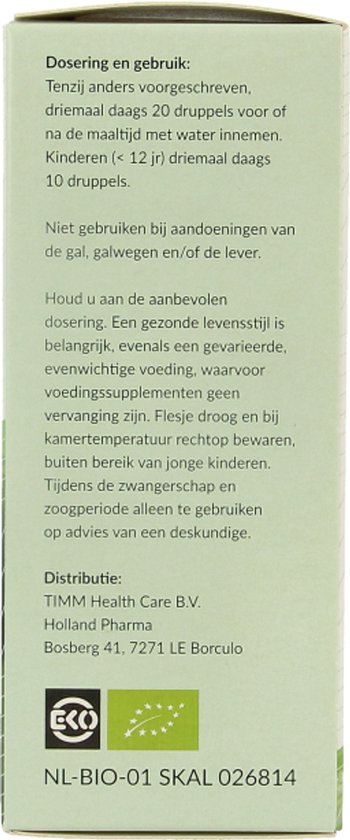 Gebruiksinstructies: 20 druppels driemaal daags. Bewaren op kamertemperatuur. Niet gebruiken voor kinderen jonger dan 12 jaar.
