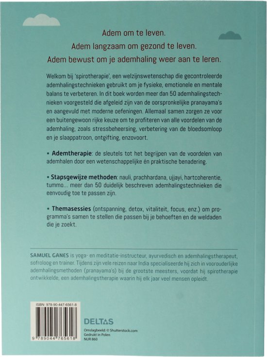 Achterkant van het boek "Ademtherapie" met tekst over de inhoud, de auteur Samuel Ganes, ISBN en uitgever Deltas.