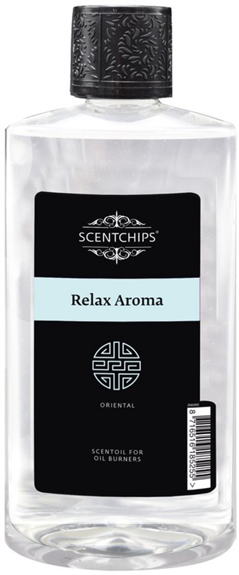 Een transparante fles Scentchips 'Relax Aroma' geurolie met een zwart label en dop.