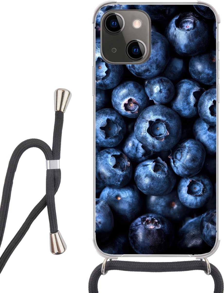 Telefoonhoesje Geschikt voor iPhone 13 Mini - Bessen - Blauw - Fruit - Siliconen - Crossbody - Backcover met Koord - Telefoonhoesje met koord - Hoesje met touw Telefoonhoesje