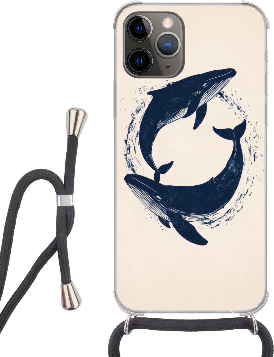Telefoonhoesje Geschikt voor iPhone 11 Pro - Walvissen - Spetters - Cirkel - Donkerblauw - Siliconen - Crossbody - Backcover met Koord - Telefoonhoesje met koord - Hoesje met touw Telefoonhoesje