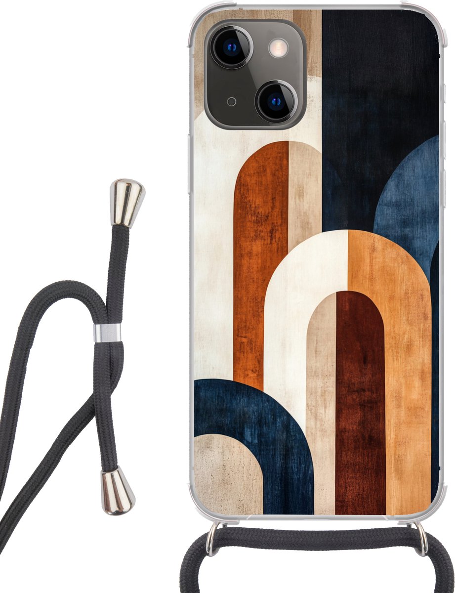 Telefoonhoesje Geschikt voor iPhone 13 Mini - Abstract - Vormen - Donkerblauw - Siliconen - Crossbody - Backcover met Koord - Telefoonhoesje met koord - Hoesje met touw Telefoonhoesje