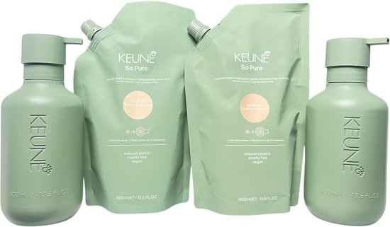 Keune So Pure Polish Shampoo 400ml + Conditioner 400ml navulling + 2 x lege fles 400 ml