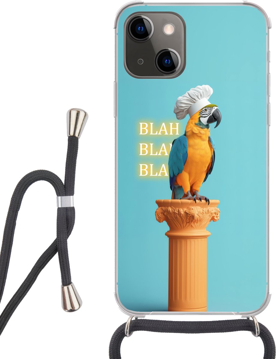 Telefoonhoesje Geschikt voor iPhone 13 Mini - Papegaai - Koksmuts - Quote - Neon - Siliconen - Crossbody - Backcover met Koord - Telefoonhoesje met koord - Hoesje met touw Telefoonhoesje