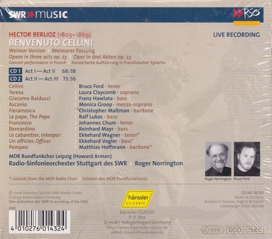 Albumhoes "Benvenuto Cellini" met tekst over de opera, uitvoerenden en orkest. Een foto van Roger Norrington en Bruce Ford.