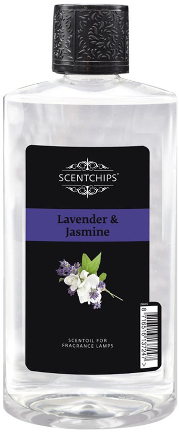 Fles geurolie Lavendel & Jasmijn met een afbeelding van lavendel en jasmijn.