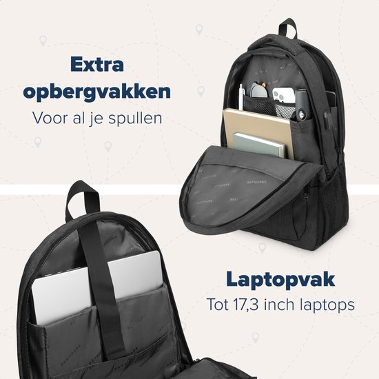 Donkergrijze rugzak met een open hoofdvak met laptopvakken en een open vak aan de voorkant. De tas is half open.