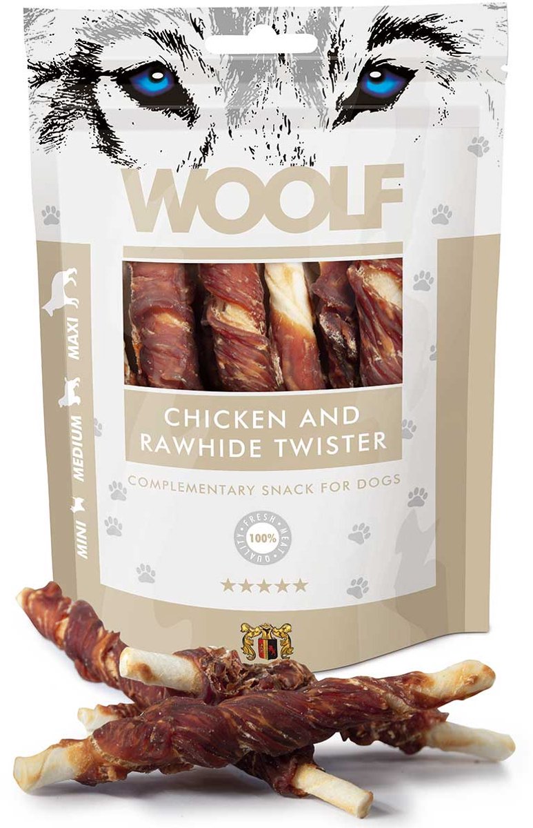Woolf Hondensnacks Kip rolletjes -CHICKEN EN RAWHIDE TWISTER - FRESH MEAT - | 100GR