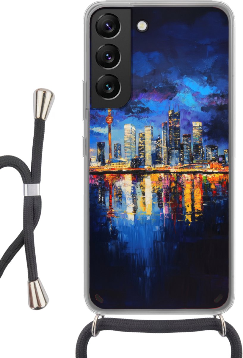 Telefoonhoesje Geschikt voor Samsung Galaxy S22 - Skyline Toronto - Modern - Stadslicht - Blauw - Siliconen - Crossbody - Backcover met Koord - Telefoonhoesje met koord - Hoesje met touw Telefoonhoesje