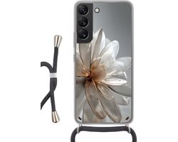 Telefoonhoesje Geschikt voor Samsung Galaxy S22 - Bloem - Wit - Neutraal - Siliconen - Crossbody - Backcover met Koord - Telefoonhoesje met koord - Hoesje met touw Telefoonhoesje