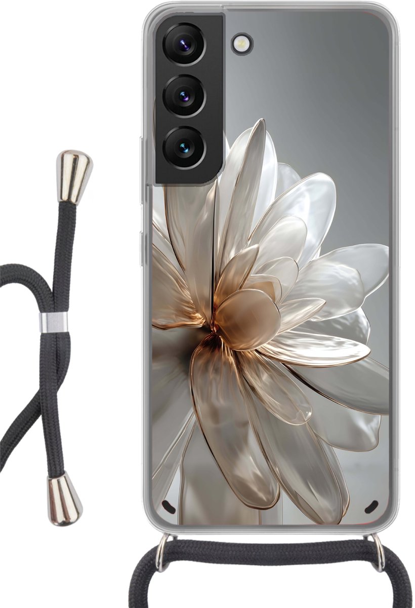Telefoonhoesje Geschikt voor Samsung Galaxy S22 - Bloem - Wit - Neutraal - Siliconen - Crossbody - Backcover met Koord - Telefoonhoesje met koord - Hoesje met touw Telefoonhoesje