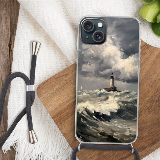 Coque de téléphone compatible avec iPhone 15 - Phare - Vagues - Storm - Siliconen - Bandoulière - Coque arrière avec cordon - Coque de téléphone avec cordon - Coque avec corde