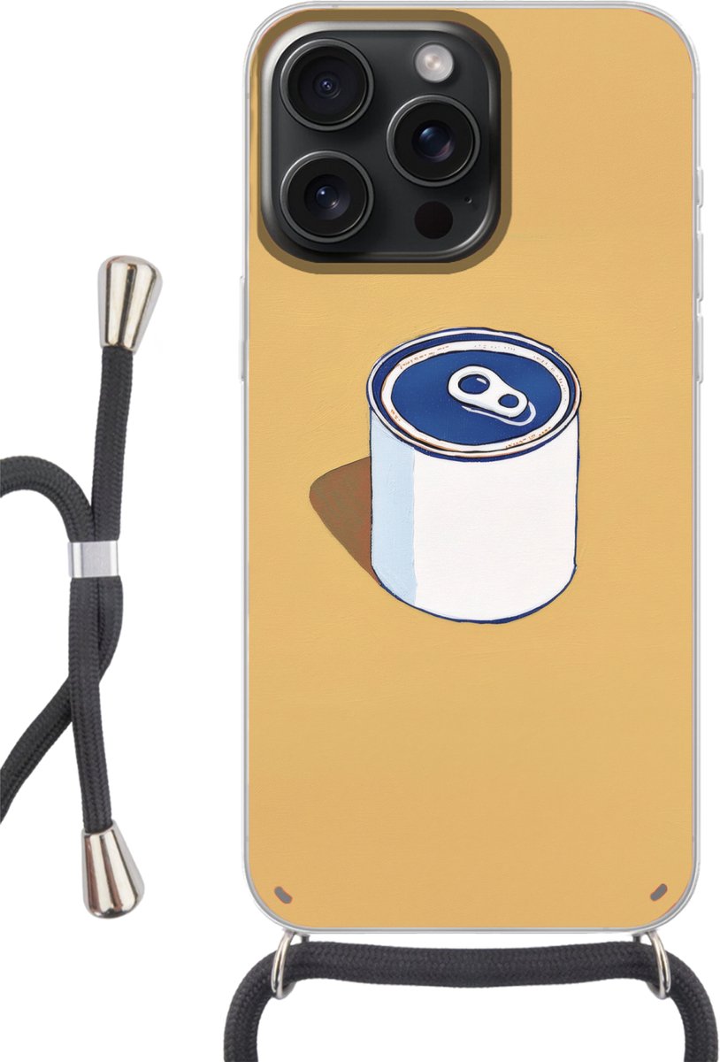 Telefoonhoesje Geschikt voor iPhone 15 Pro - Blikje - Minimalistisch - Blauw - Illustratie - Siliconen - Crossbody - Backcover met Koord - Telefoonhoesje met koord - Hoesje met touw Telefoonhoesje