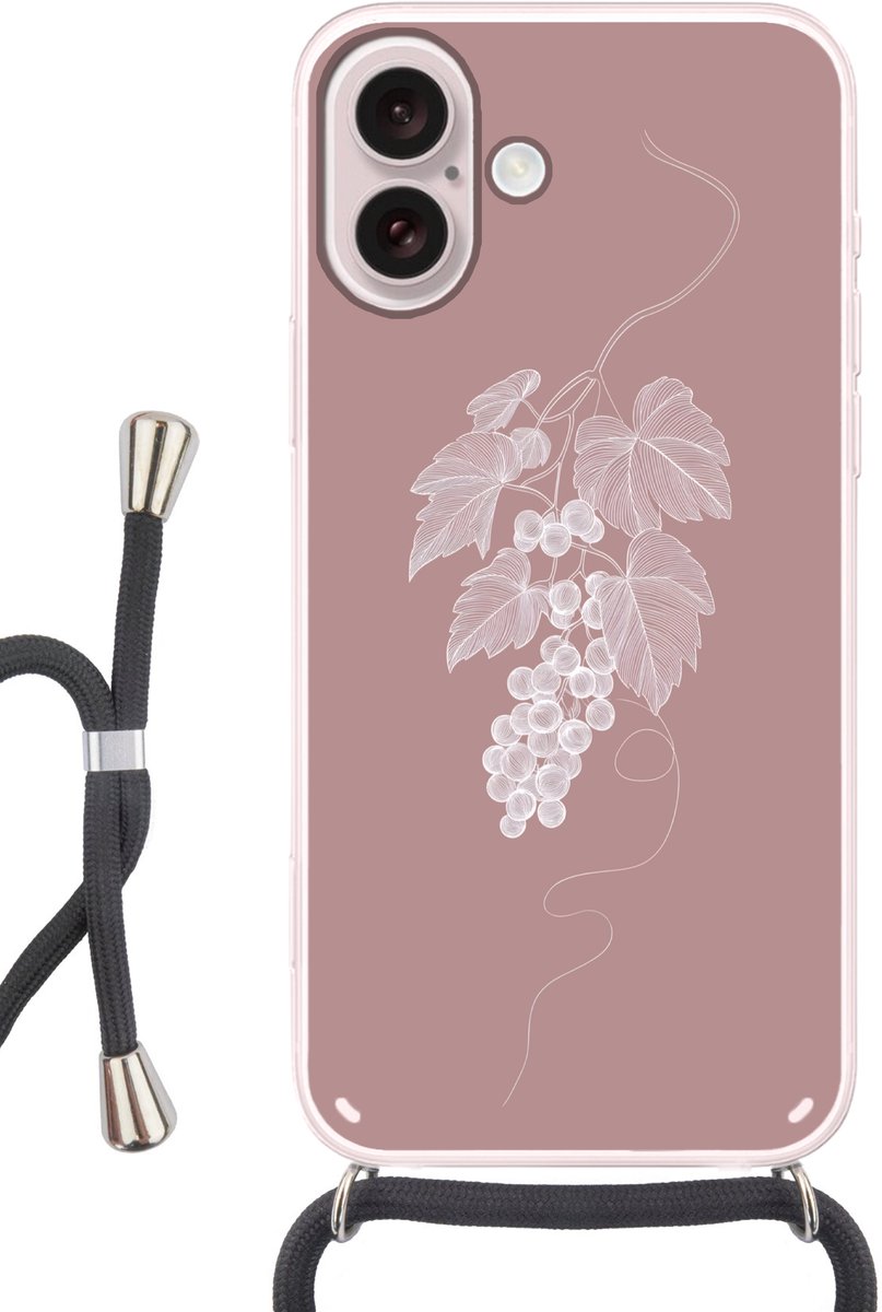 Telefoonhoesje Geschikt voor iPhone 16 - Tros - Druiven - Illustratie - Bladeren - Siliconen - Crossbody - Backcover met Koord - Telefoonhoesje met koord - Hoesje met touw Telefoonhoesje