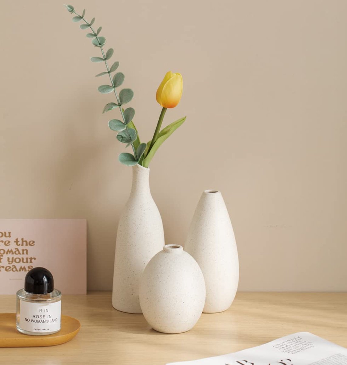 Ibenzoa Set van drie handgemaakte mini-vazen in keramiek voor stijlvolle tafeldecoratie Mat Wit