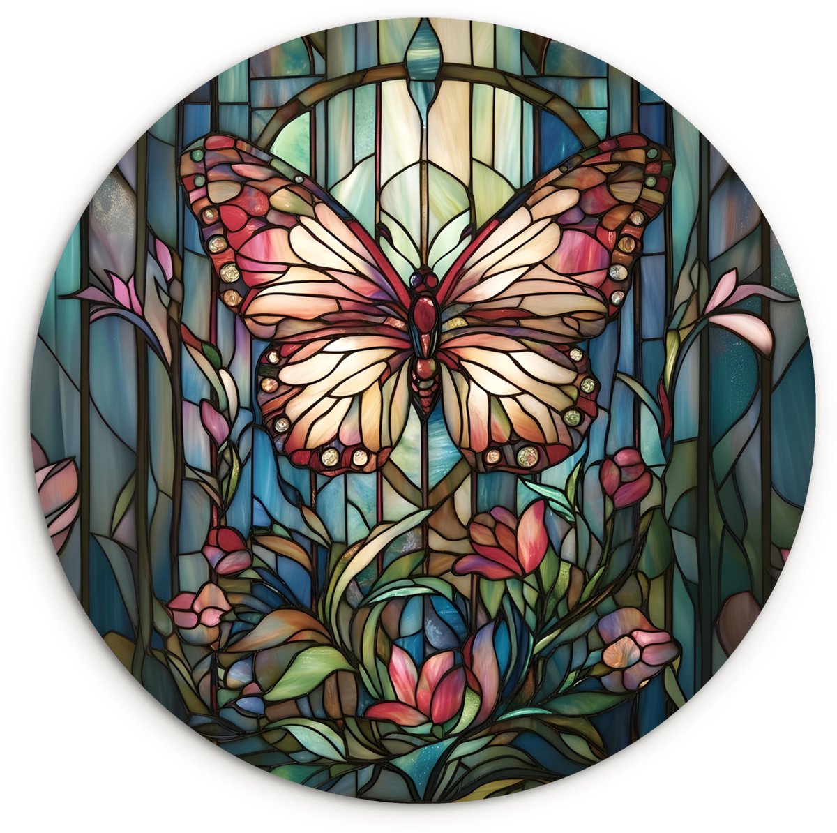 WallCircle Wandcirkel 90x90 cm - Muurcirkel Vlinder - Roze - Bloemen - Bladeren - Muurdecoratie woonkamer - Wanddecoratie slaapkamer - Kamer decoratie accessoires - Ronde schilderijen Vlinder - Mozaïek