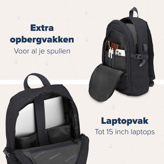 Sac à dos TRVLMORE - 25 L - 15,6 pouces - Sac à dos pour ordinateur portable avec port USB - Cartable - Homme et femme - Sac - Garantie à vie - Zwart