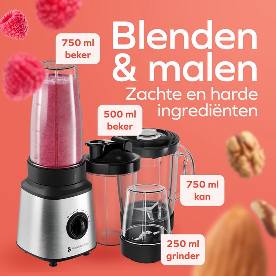 KitchenBrothers Blender - Complete Set - 2x 750ml Kan - Grinder - Stamper - To-Go Bekers - RVS van KitchenBrothers — afbeelding 3