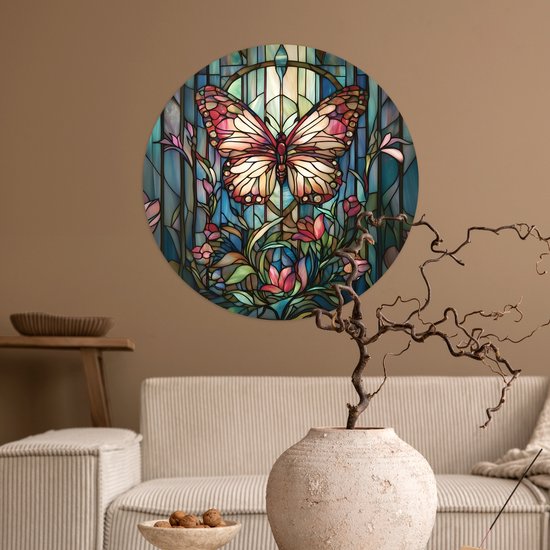 WallCircle® - Papier peint cercle 80x80 cm - Stickers muraux Papillon - Rose - Fleurs - Fleurs - Cercle mural salon - Cercle mural chambre - Décoration de chambre autocollante - Accessoires de Décoration murale