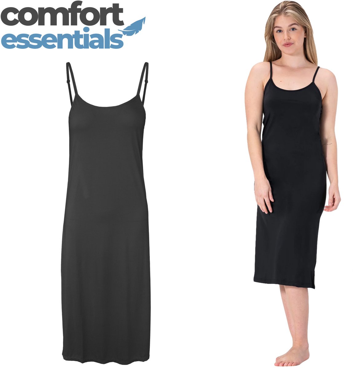 Comfort Essentials - Lange Onderjurk Dames - Onderjurk Zwart - S/M - EU 36-38 - Onderjurk Lang - Spaghetti Bandjes - Nachthemd -Nachtjapon - Anti-statisch